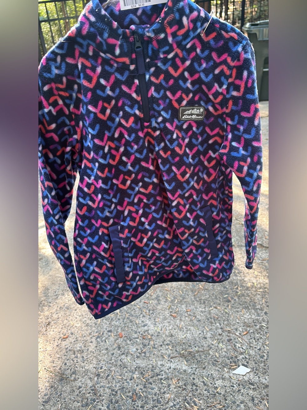 Eddie Bauer Navy Fleece Pullover with Pink & Purple Heart Pattern